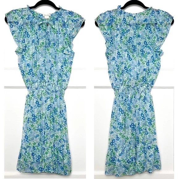 SHOSHANNA Floral Chiffon Smocked Waist Flutter Sleeve V-Neck Ruffle Mini Dress 8